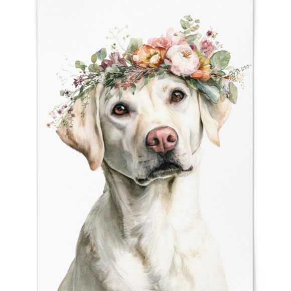Watercolor Labrador Retriever with Flower Crown Portrait Wall Art Print Unframed - Picture 2 of 7